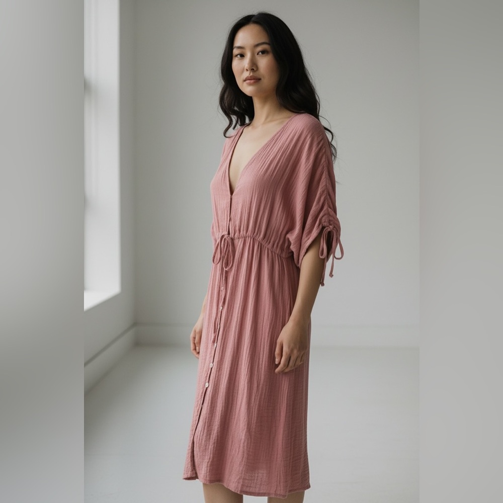 Favlux button down dress. Mauve. Cinch waist and sleeves.